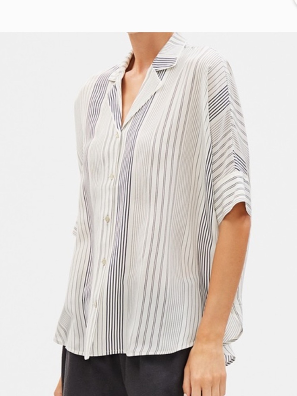 Eileen Fisher 100% silk crepe Cream & Black Stripe Button-Up Shirt size Large